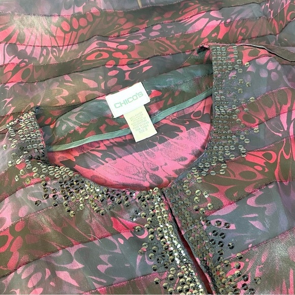 Chico’s Black/Burgundy Stripe Burnout Sequin Trim Blouse Size 16 - Picture 6 of 8